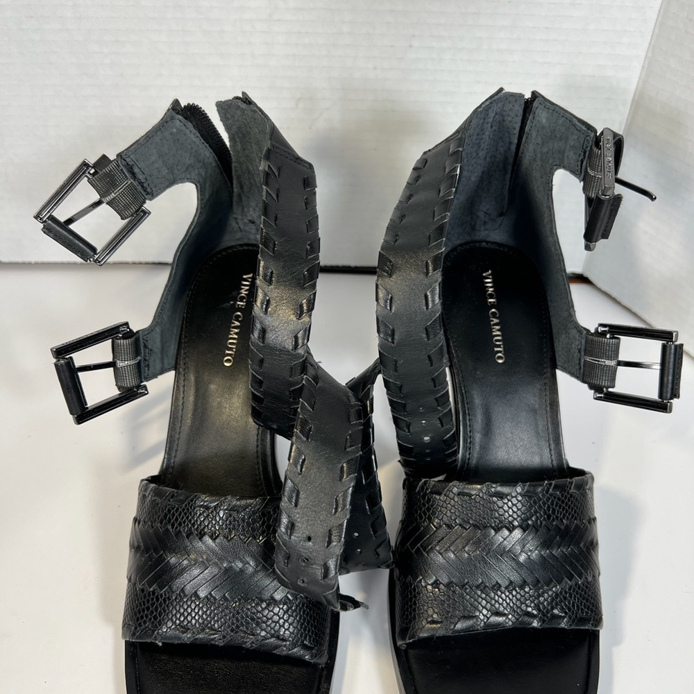Vince Camuto Suraylin Black Leather Buckle Block Heel Sandals 8.5 Gladiator - Picture 10 of 14